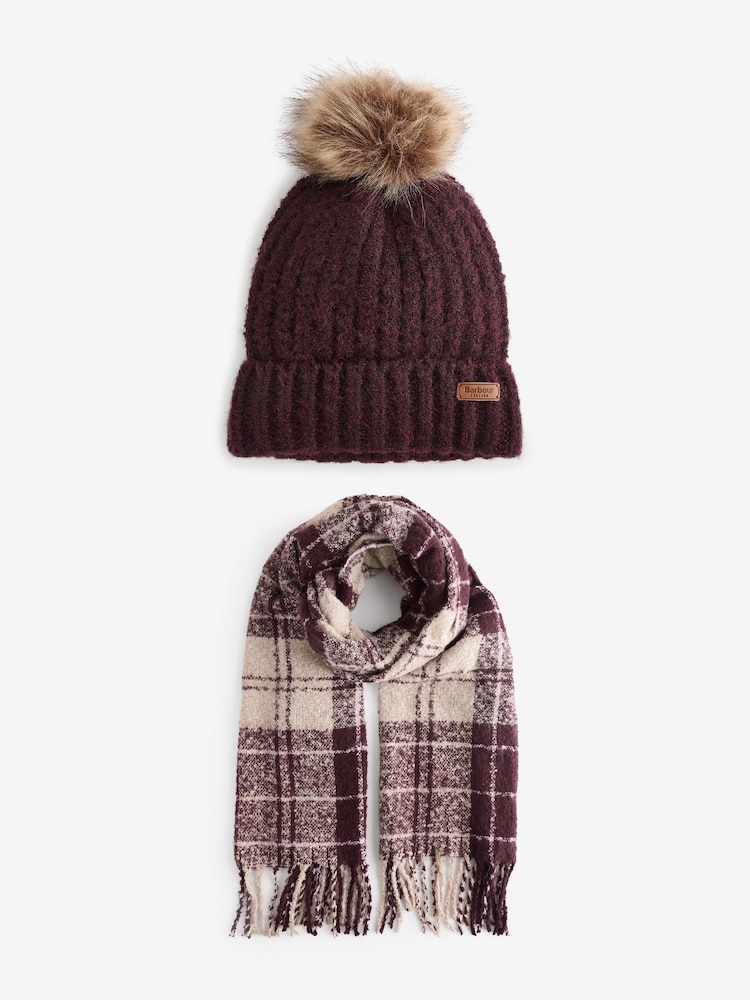 Barbour® Burgundy Red Saltburn Knit Beanie Hat and Chunky Tartan Scarf Boxed Gift Set - Image 2 of 4