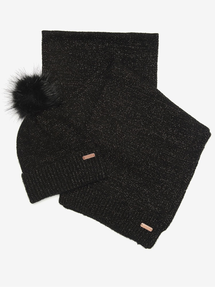 Barbour® International Sparkle Black Pom Beanie Hat and Scarf Boxed Gift Set - Image 1 of 4 Barbour® International Sparkle Black Pom Beanie Hat and Scarf Boxed Gift Set - Image 1 of 4