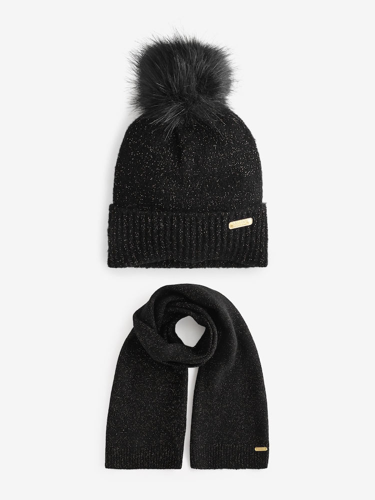 Barbour® International Sparkle Black Pom Beanie Hat and Scarf Boxed Gift Set - Image 2 of 4 Barbour® International Sparkle Black Pom Beanie Hat and Scarf Boxed Gift Set - Image 2 of 4