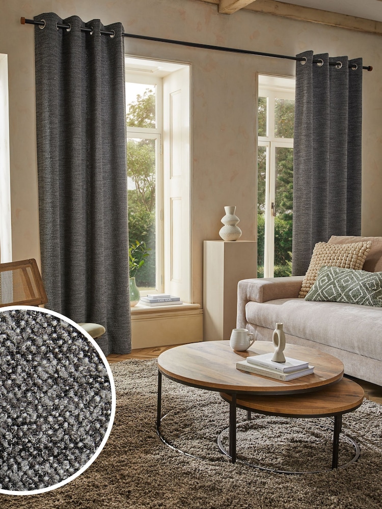 Charcoal Grey Bouclé Textured Lined Curtains - Image 1 of 6