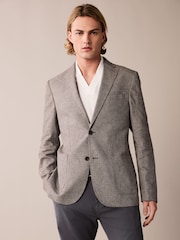 Brown Slim Fit Textured Linen Blend Blazer - Image 1 of 11