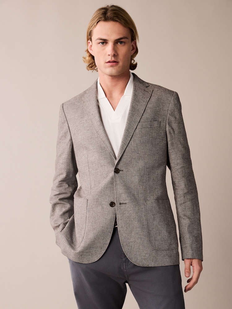Brown Slim Fit Textured Linen Blend Blazer - Image 1 of 11