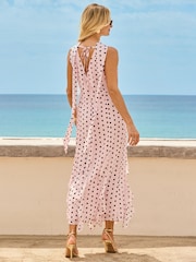 Sosandar Pink Spot Print Chiffon Ruffle Hem V-Neck Maxi Dress - Image 4 of 5