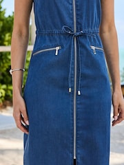 Sosandar Blue Drawstring Waist Zip Front Midi Denim Dress - Image 4 of 5
