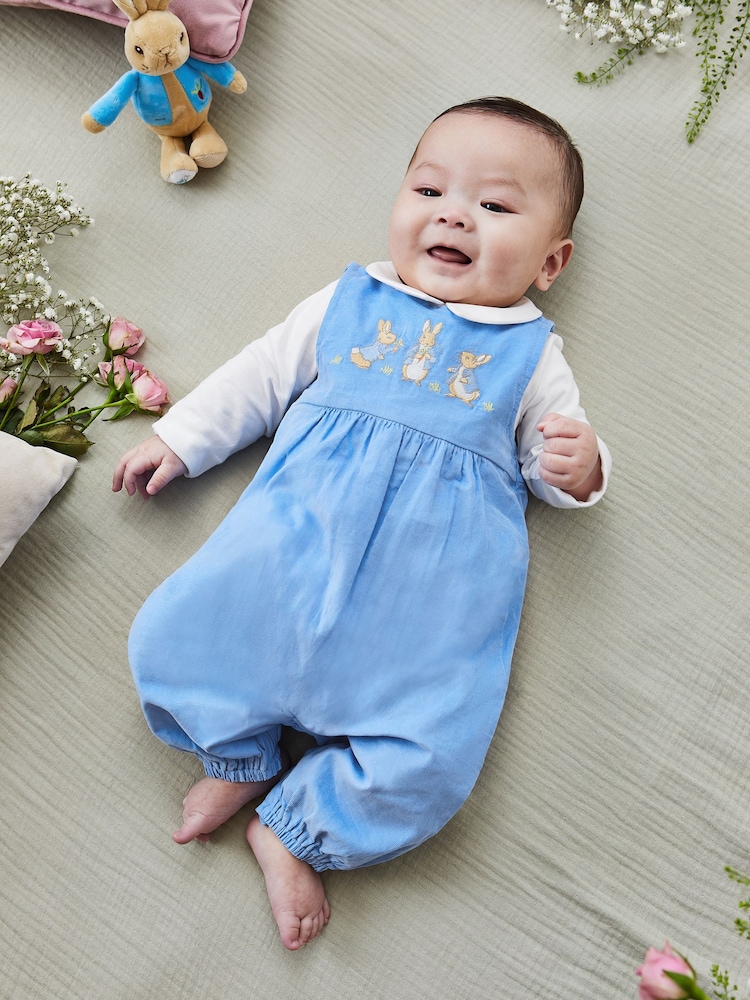 JoJo Maman Bébé Blue 2-Piece Peter Rabbit Embroidered Dungarees & Bodysuit Set - Image 1 of 7