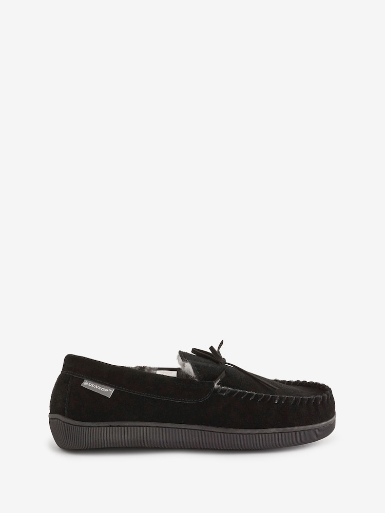 Dunlop Black Mens Real Suede Full Moccasin Slippers - Image 1 of 5