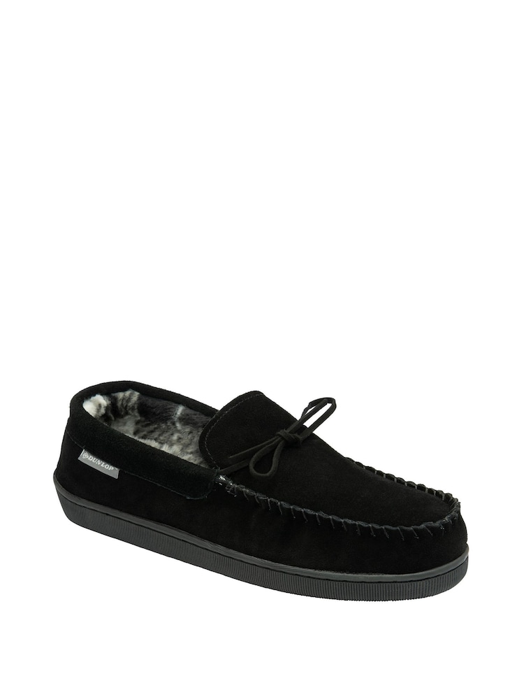 Dunlop Black Mens Real Suede Full Moccasin Slippers - Image 2 of 5