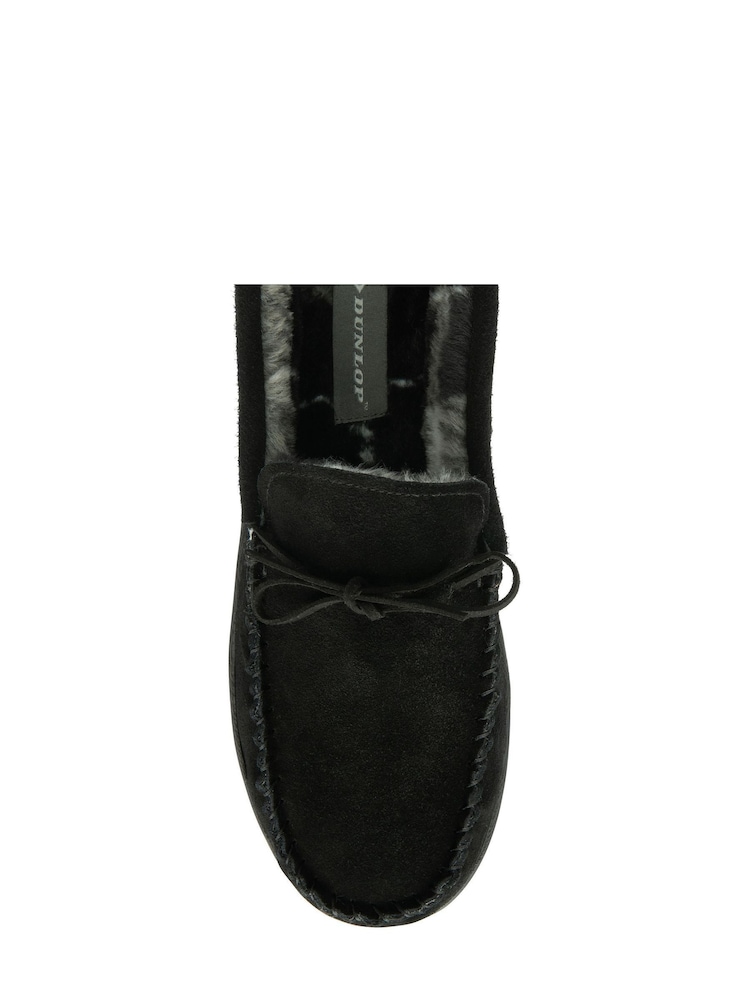 Dunlop Black Mens Real Suede Full Moccasin Slippers - Image 5 of 5