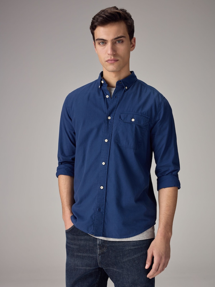 Dark Blue Soft Touch Long Sleeve 100% Cotton Oxford Shirt - Image 1 of 8