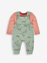 JoJo Maman Bébé Khaki Green Dino Dungarees & Stripe Top Set - Image 1 of 5