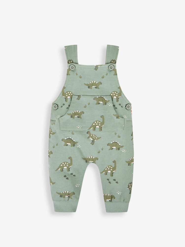 JoJo Maman Bébé Khaki Green Dino Dungarees & Stripe Top Set - Image 2 of 5