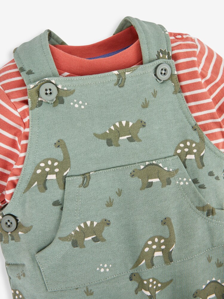 JoJo Maman Bébé Khaki Green Dino Dungarees & Stripe Top Set - Image 4 of 5