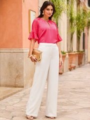 Sosandar Pink Keyhole Detail Textured Dobby Sleeve Top - Image 1 of 5