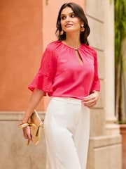 Sosandar Pink Keyhole Detail Textured Dobby Sleeve Top - Image 4 of 5