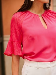 Sosandar Pink Keyhole Detail Textured Dobby Sleeve Top - Image 5 of 5