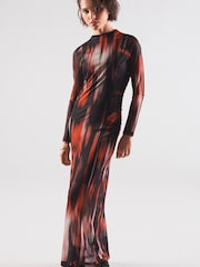 Red and Black Smudge Print Long Sleeve Mesh Midi Dress - Image 1 of 6