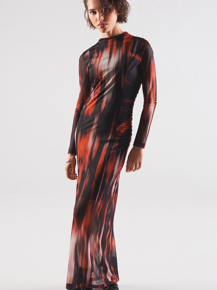 Red and Black Smudge Print Long Sleeve Mesh Midi Dress - Image 1 of 6
