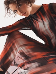 Red and Black Smudge Print Long Sleeve Mesh Midi Dress - Image 2 of 6