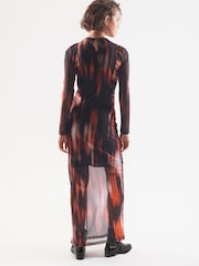 Red and Black Smudge Print Long Sleeve Mesh Midi Dress - Image 3 of 6