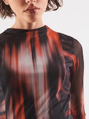 Red and Black Smudge Print Long Sleeve Mesh Midi Dress - Image 4 of 6