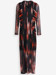 Red and Black Smudge Print Long Sleeve Mesh Midi Dress - Image 5 of 6