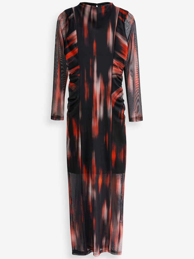 Red and Black Smudge Print Long Sleeve Mesh Midi Dress - Image 5 of 6