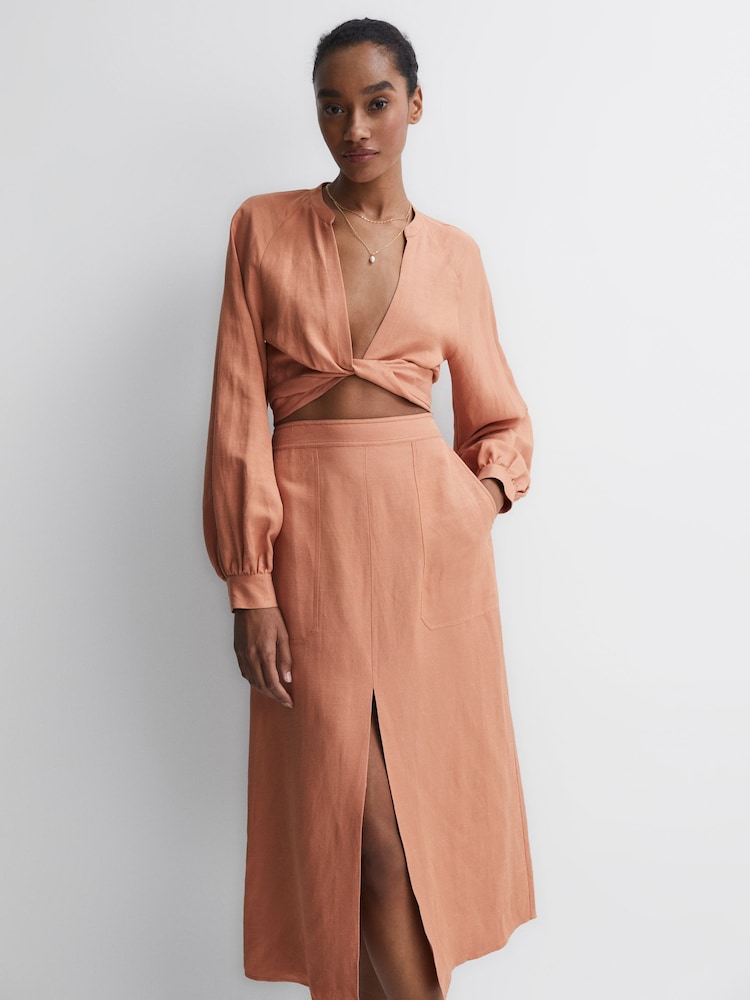 Reiss Rust Axelle Linen High Rise Skirt - Image 1 of 5