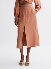 Reiss Rust Axelle Linen High Rise Skirt - Image 4 of 5