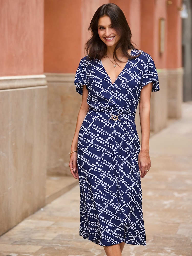 Sosandar Blue Spot Print Flutter Sleeve Belted Fit & Flare Dress - Image 1 of 5 Sosandar Blue Spot Print Flutter Sleeve Belted Fit & Flare Dress - Image 1 of 5