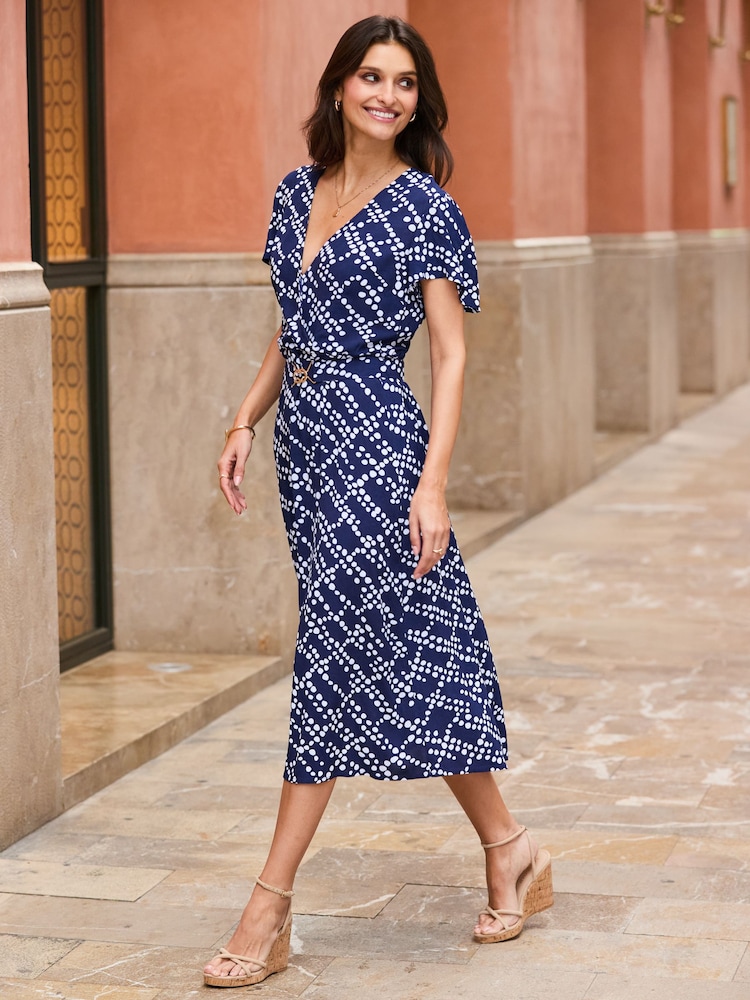 Sosandar Blue Spot Print Flutter Sleeve Belted Fit & Flare Dress - Image 2 of 5 Sosandar Blue Spot Print Flutter Sleeve Belted Fit & Flare Dress - Image 2 of 5
