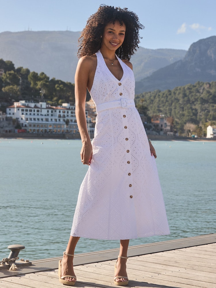 Sosandar White Broderie Halter Neck Fit & Flare Belted Dress - Image 1 of 5