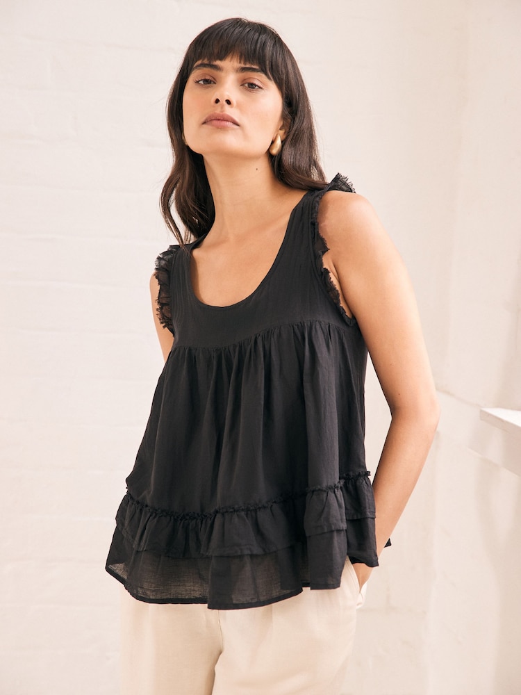 Black Sleeveless Raw Hem Scoop Neck 100% Cotton Top - Image 1 of 6
