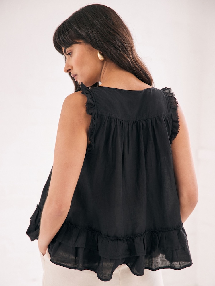 Black Sleeveless Raw Hem Scoop Neck 100% Cotton Top - Image 2 of 6