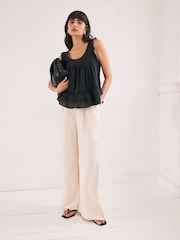 Black Sleeveless Raw Hem Scoop Neck 100% Cotton Top - Image 3 of 6
