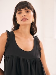 Black Sleeveless Raw Hem Scoop Neck 100% Cotton Top - Image 4 of 6