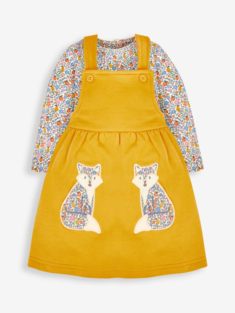 Amarillo mostaza con zorro - Conjunto para bebé niña de 2 piezas con camiseta y pichi con aplique de JoJo Maman Bébé - Imagen 1 de 6
