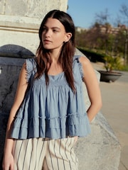 Blue Sleeveless Raw Hem Scoop Neck 100% Cotton Top - Image 1 of 6