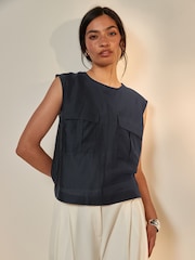 Navy Utility Sheer Sleeveless Top - Image 1 of 5