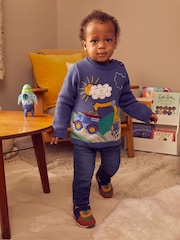 JoJo Maman Bébé Denim Blue Digger Appliqué Scene Jumper - Image 1 of 4