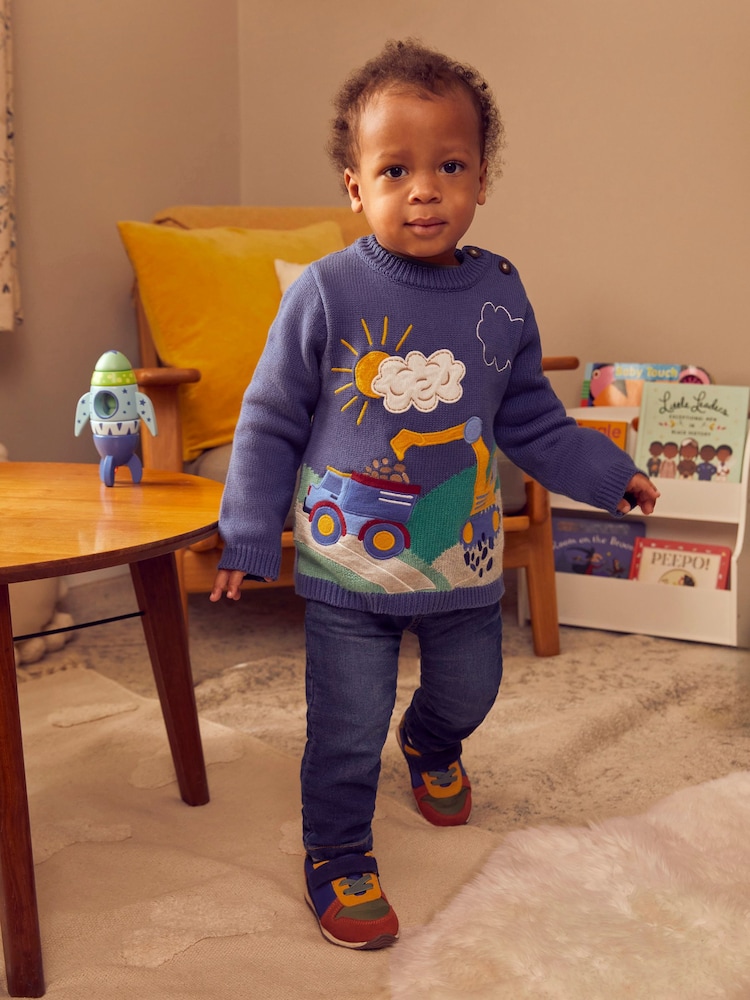 JoJo Maman Bébé Denim Blue Digger Appliqué Scene Jumper - Image 1 of 4
