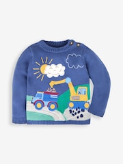 JoJo Maman Bébé Denim Blue Digger Appliqué Scene Jumper - Image 3 of 4