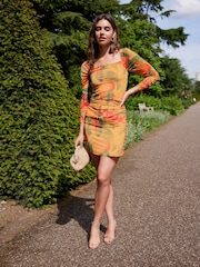 Yellow Tropical Print Kew Collection Ruched Mesh Square Neck Mini Dress - Image 1 of 7