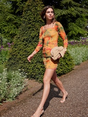 Yellow Tropical Print Kew Collection Ruched Mesh Square Neck Mini Dress - Image 2 of 7