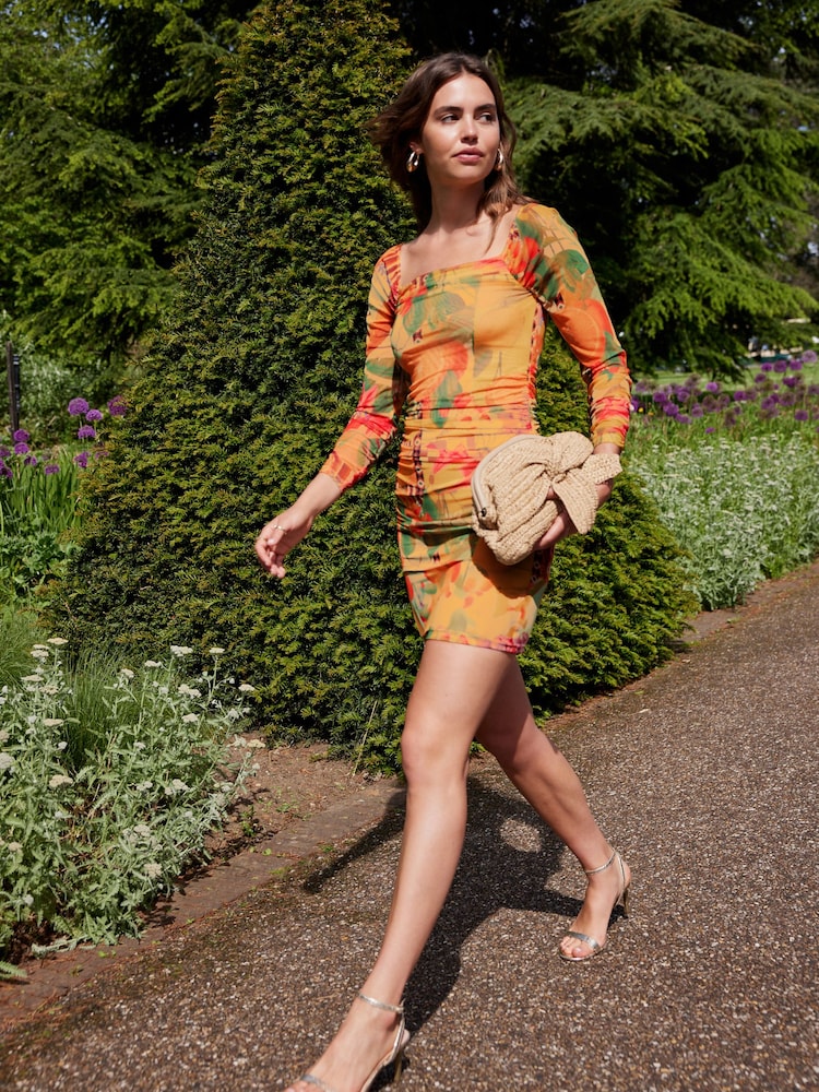 Yellow Tropical Print Kew Collection Ruched Mesh Square Neck Mini Dress - Image 2 of 7