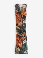 Black and Orange Floral Print Kew Collection Ruched Mesh Floral Maxi Dress - Image 5 of 6