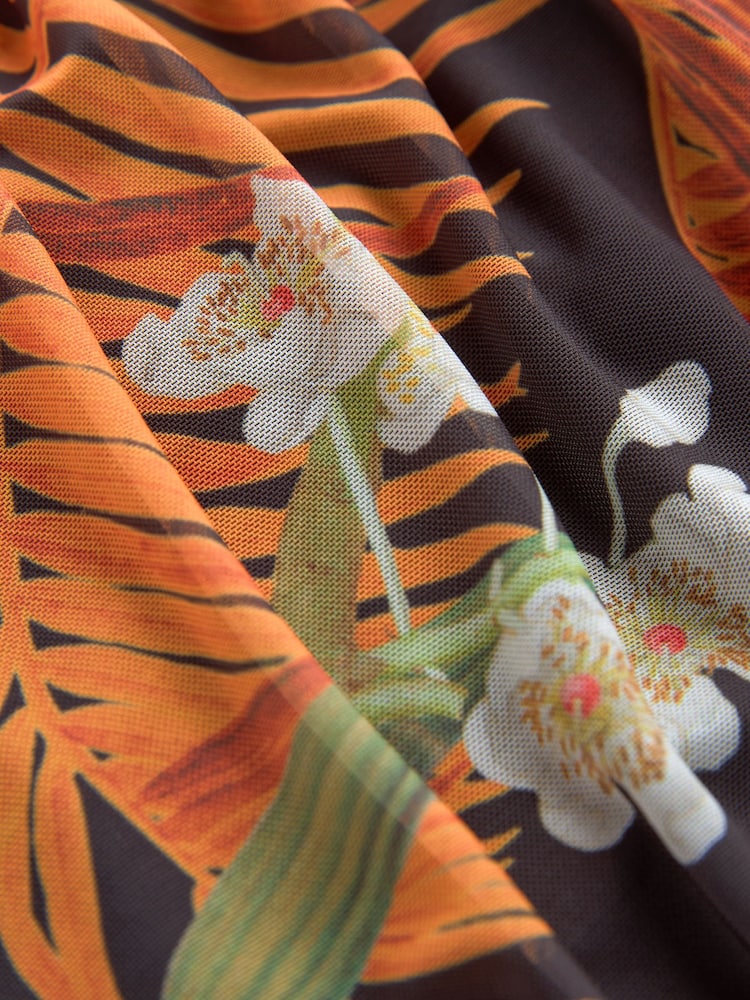 Black and Orange Floral Print Kew Collection Ruched Mesh Floral Maxi Dress - Image 6 of 6