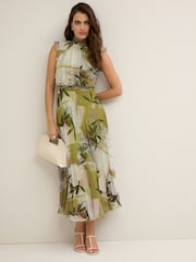 Green Floral Print Pleated Mesh Floral Occasion Midi Dress - Image 1 of 6