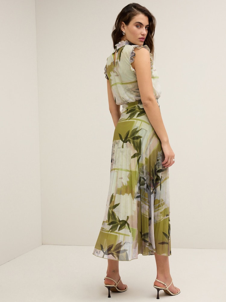 Grøn blomstret print - Plisseret Mesh Blomster Anledning Midi Kjole - Image 3 of 6