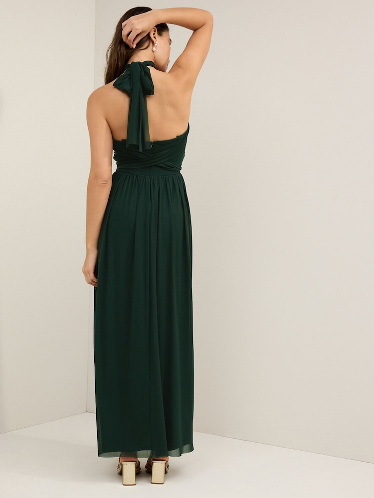 Dark Green Mesh Multiway Bridesmaid Wedding Maxi Dress - Image 4 of 6