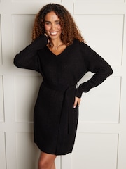 Threadbare Black V-Neck Belted Knitted Jumper Dress - Image 1 of 4